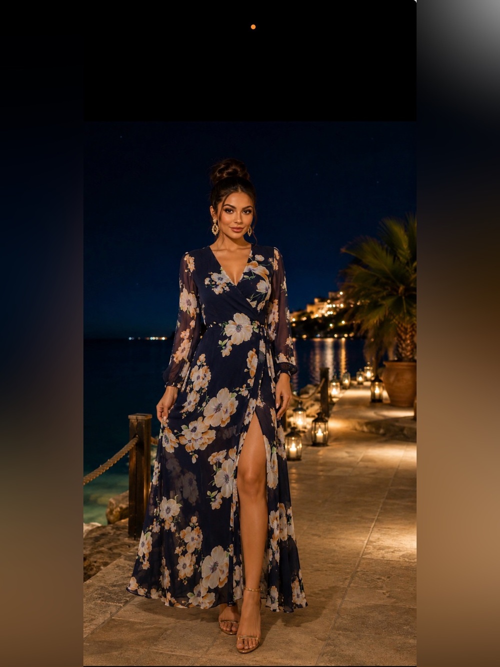 L'ATISTE Navy Floral Maxi Wrap Dress Sheer Sleeves
Boho Romantic Size S.